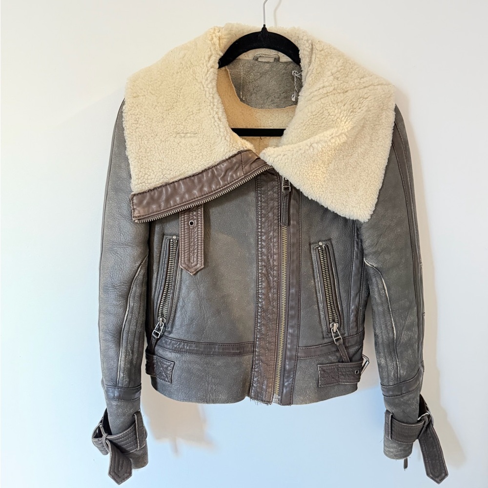 Topshop Aviator Leather Shearling Jacket XS-S 2 4